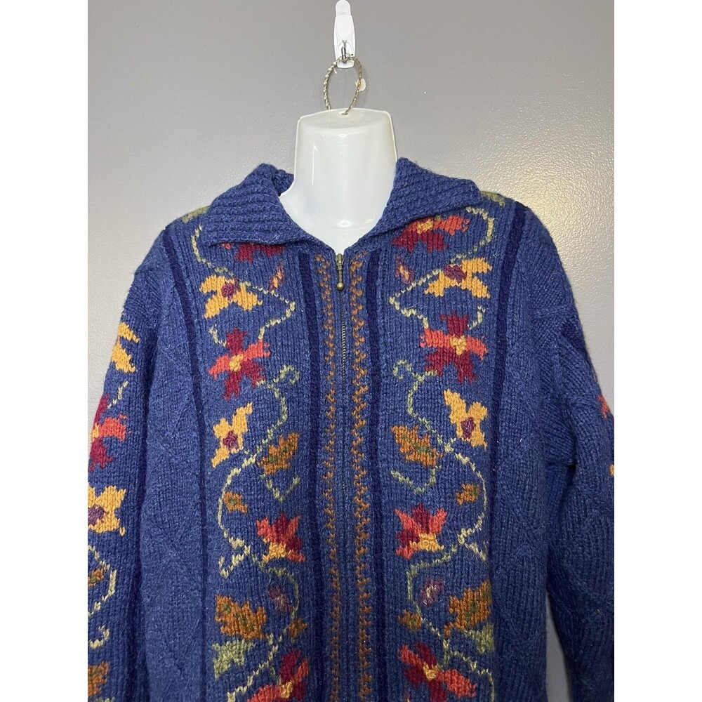Vintage Icelandic Design Cardigan Sweater Womens Medium Blue Floral Lined Zip